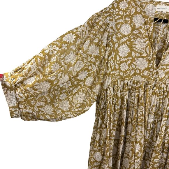 Daughters Of India Kyra Mini Dress XL Olive Floral Balloon Sleeve Boho Indie - Picture 5 of 16